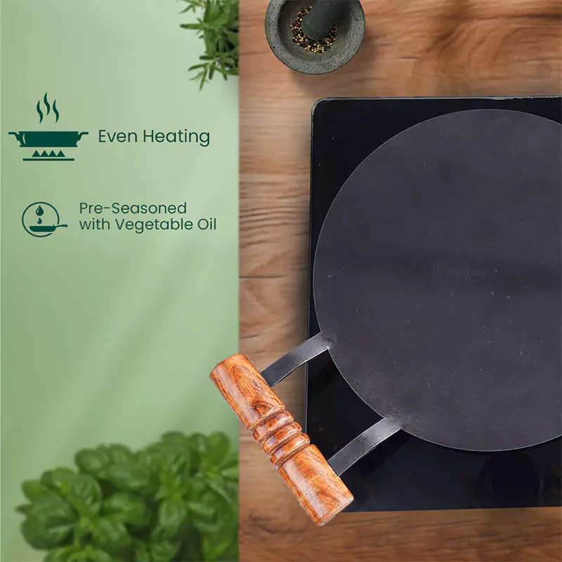 100% Pure Round Iron Tawa With Wooden Handle 11/12 In, Toxin-free Sheet Iron, Pre-Seasoned, Induction & Gas - Image 5