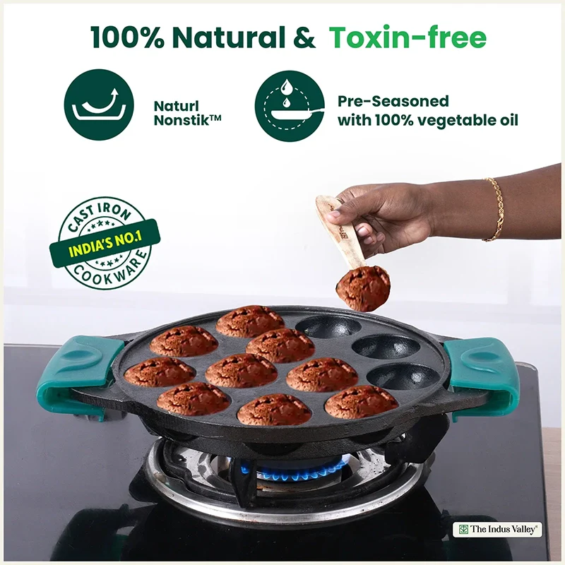12 Pit/Cup CASTrong Cast Iron Paniyaram/Appe Pan 20.8 cm, Pre-seasoned, with Double Handle Silicone Grip,Toxin-free 2.2 kg - Image 5