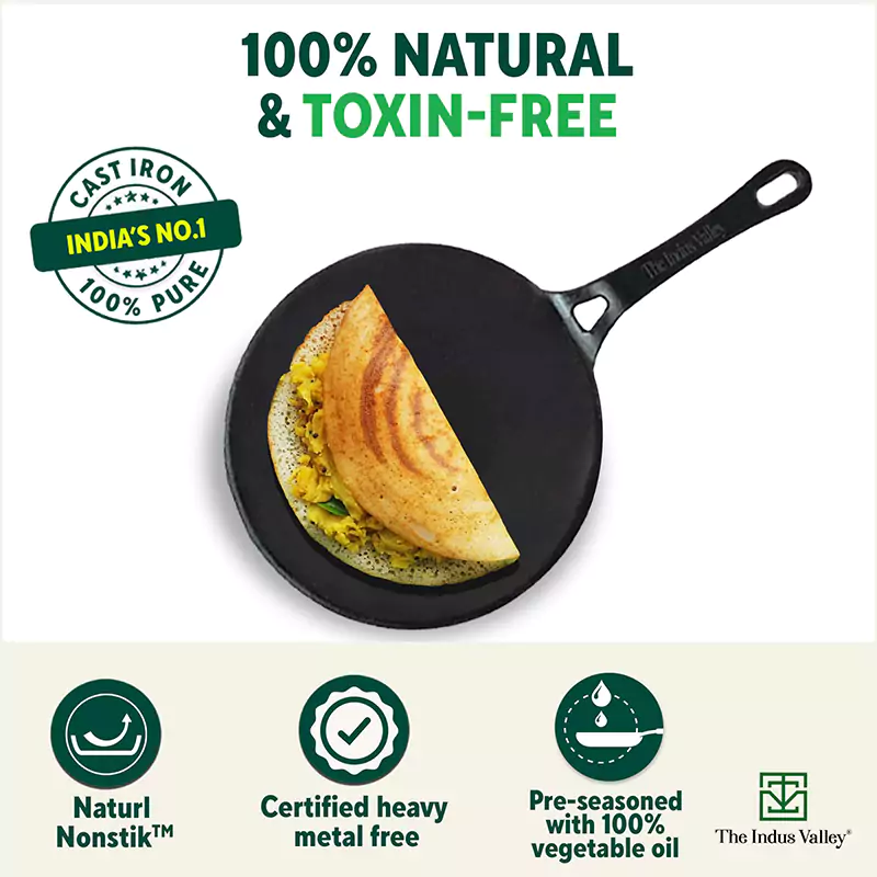 CASTrong Cast Iron Concave Tawa 25.4cm, Pre-seasoned, Naturally Nonstick, 100% Pure, Toxin-free, Free  110 Spatula - Image 4