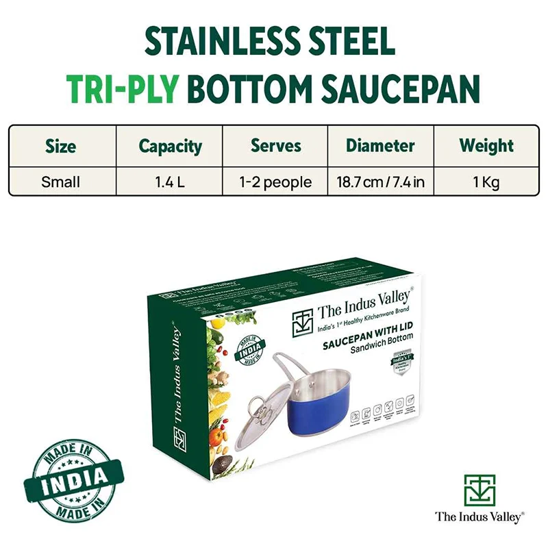 Tri-Steel Premium Stainless Steel Saucepan/ Milk/ Tea Pan, Tri-ply (3 Layer) Induction Bottom, Steel Lid - Image 2