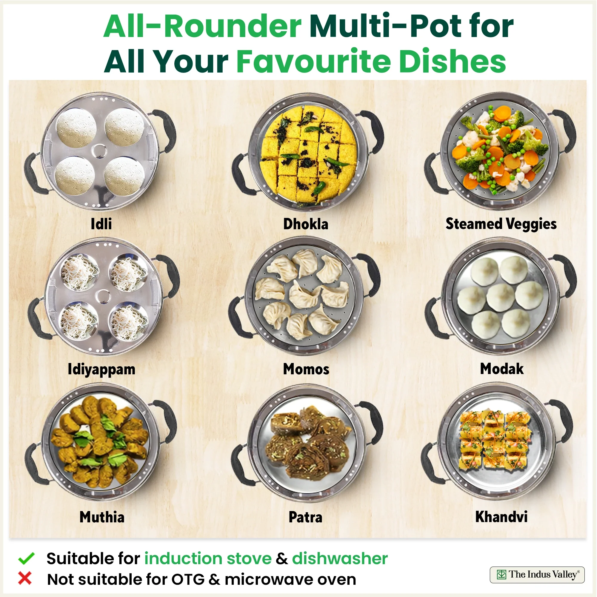 8 Pit Tri-Steel Multi Pot 3L Premium Stainless Steel Idli/ Dhokla/ Momo Maker/ Veg Steaming Set, Tri-ply Induction Bottom, 5 Plates - Image 3